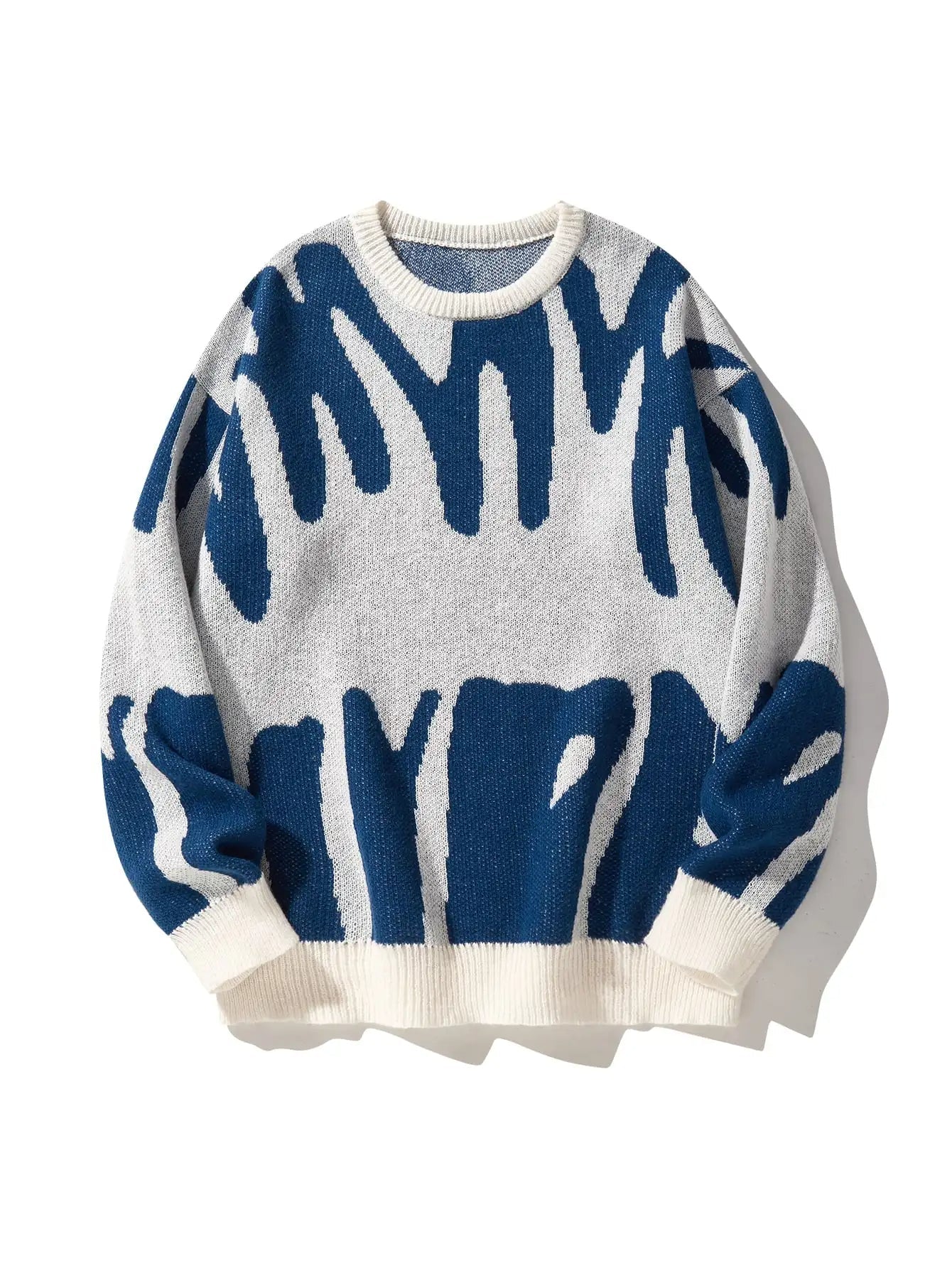 Relaxed fit men's abstract print crew neck sweater. Versatile long sleeve jumper for modern casual style.