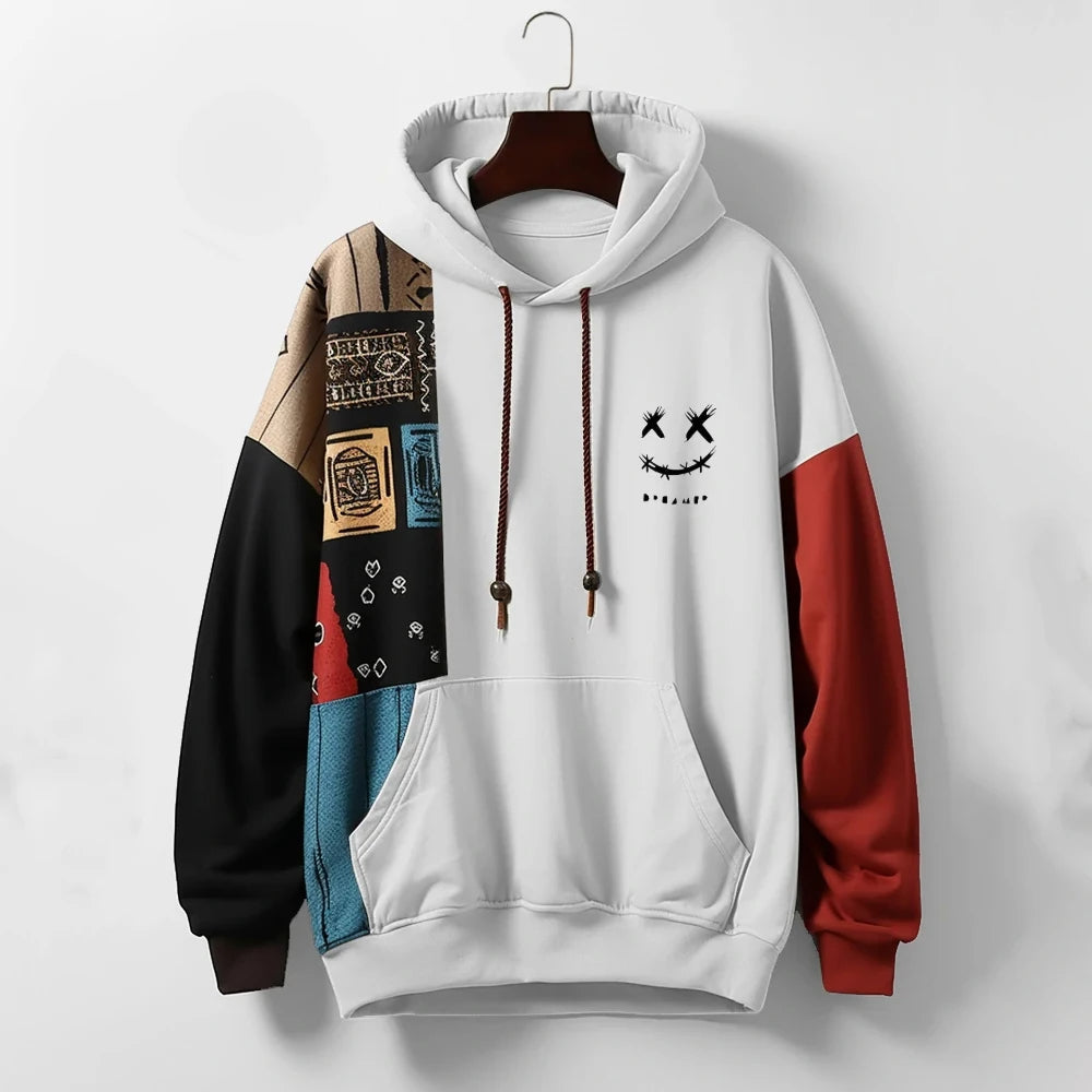 Relaxed fit men's pullover hoodie with bold contrast, great for comfortable street style apparel.