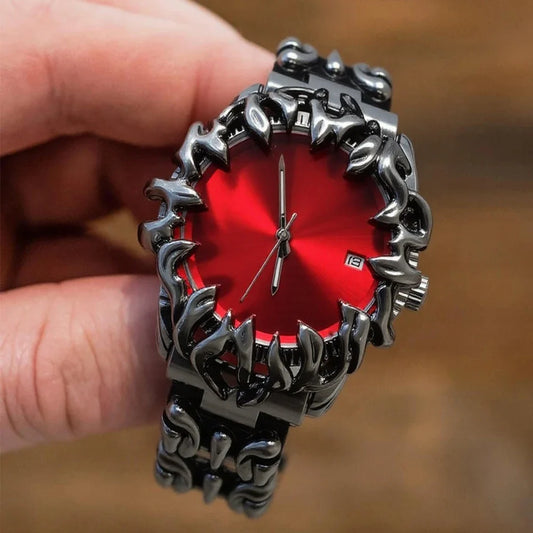 Men's bold flame steel watch with sculpted bezel. Durable metal timepiece, unique and stylish statement accessory.