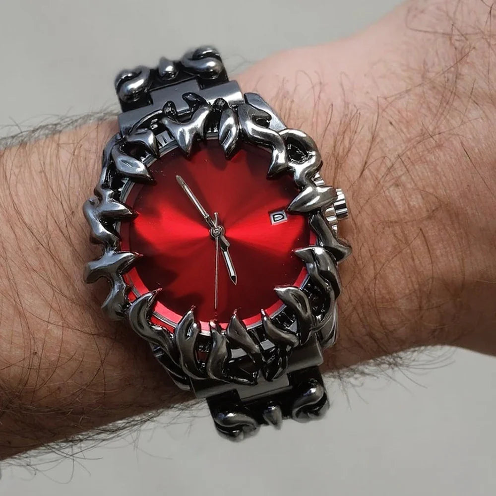 Vibrant red men's flame steel watch. Features a sculpted bezel, quartz movement, and is a durable, waterproof timepiece.