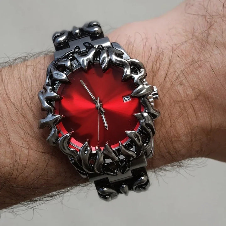 Vibrant red men's flame steel watch. Features a sculpted bezel, quartz movement, and is a durable, waterproof timepiece.