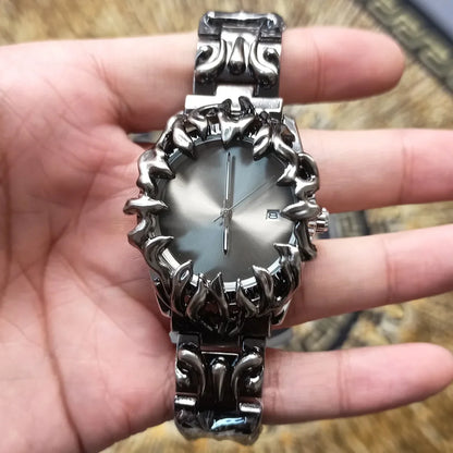 Sleek black men's flame steel watch. Bold design, sculpted bezel, and a durable, unique statement accessory for men.