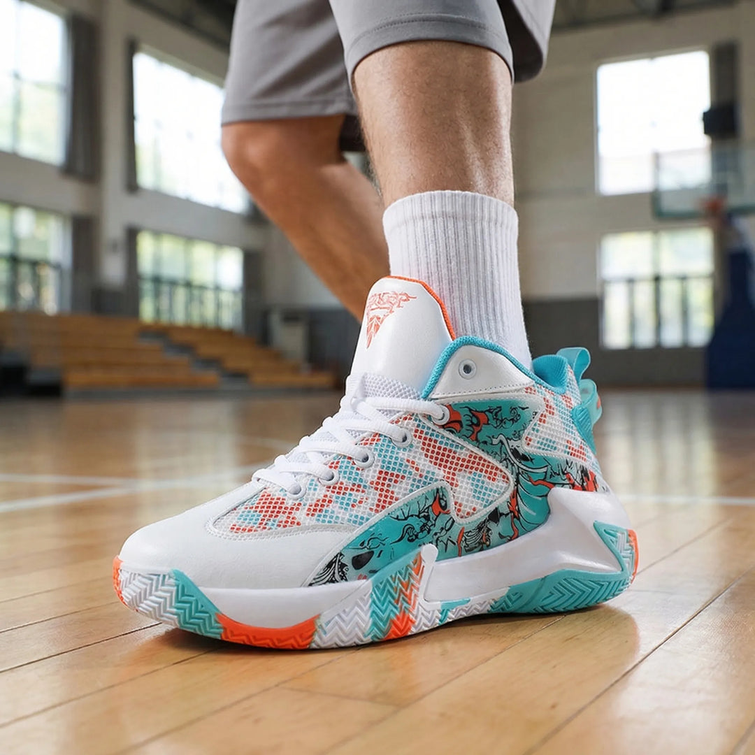 Men's Bold Graphic High-Top Basketball Shoes, Calvin. Ankle support court trainers for athletic performance.