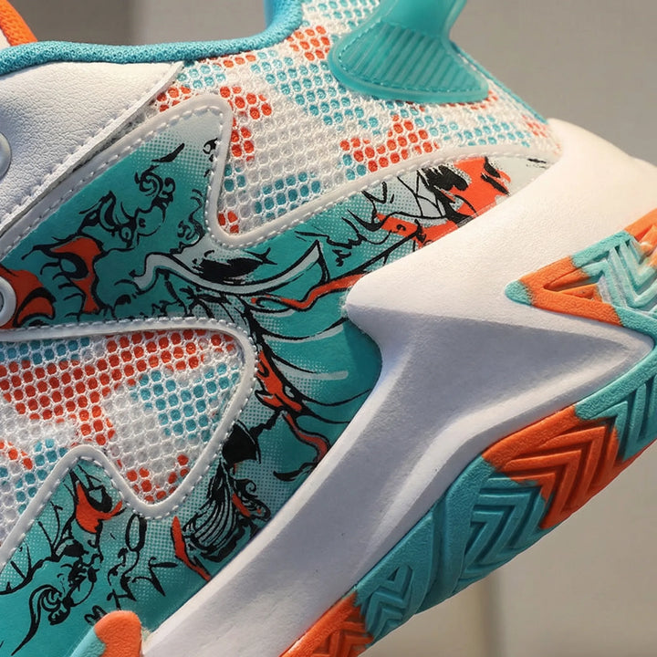 Bold graphic print men's athletic high-top shoes. Performance court trainers with ankle support for basketball.
