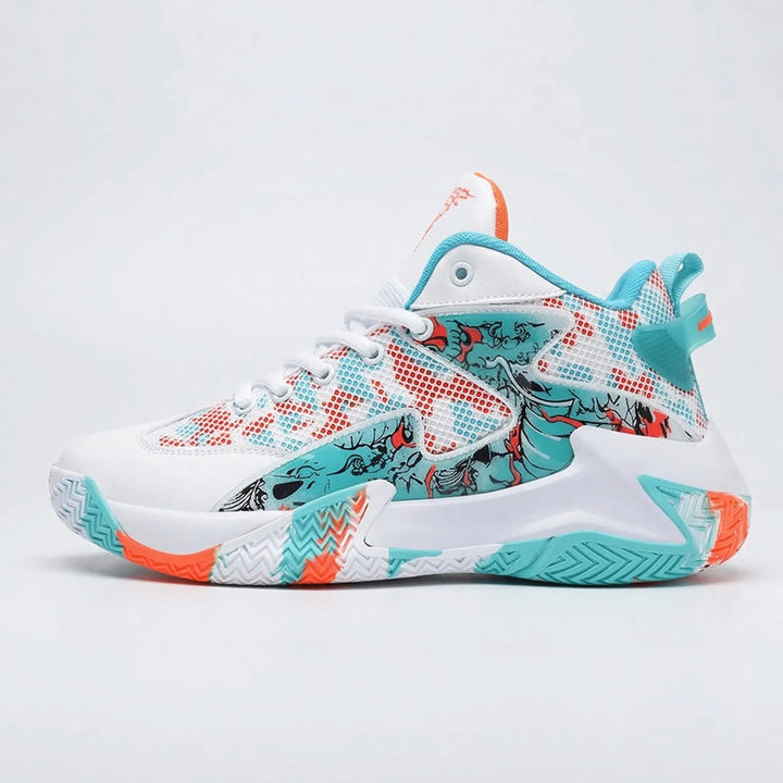 Men's graphic print high-top basketball shoes, Calvin. Sporty court trainers, perfect for gym & performance.