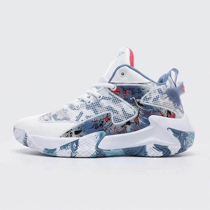 Bold graphic men's high-top basketball shoes for superior court performance. Calvin athletic gym sneakers.