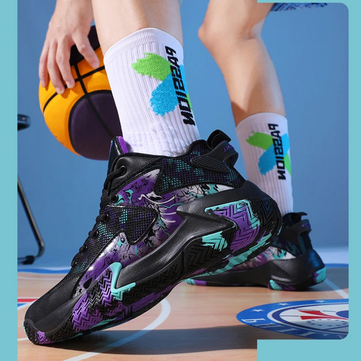 Dynamic graphic men's athletic shoes, ideal for basketball, with durable traction & impact cushioning.