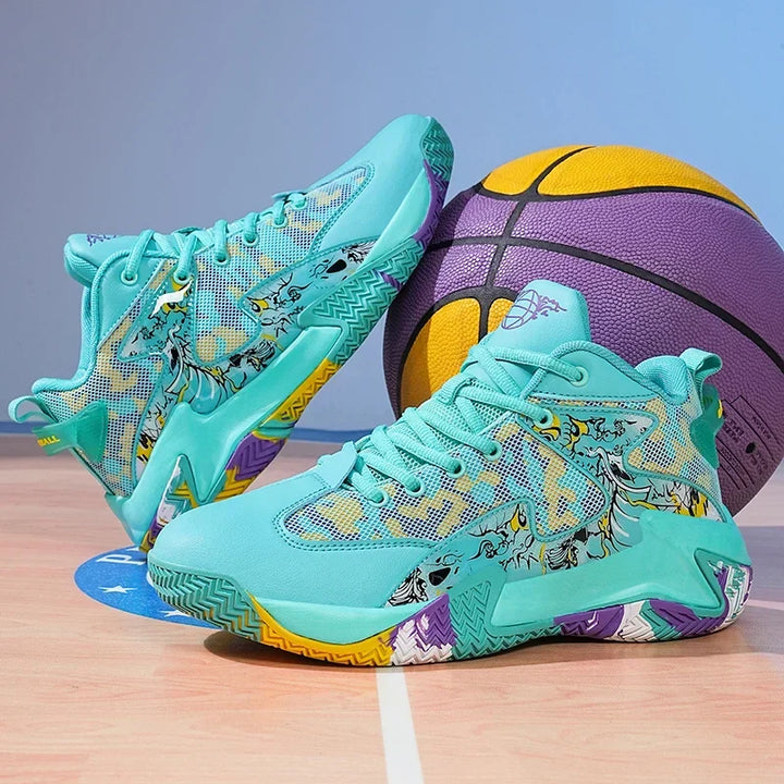 Men's graphic court basketball shoes, offering robust ankle support and superior grip on the court.