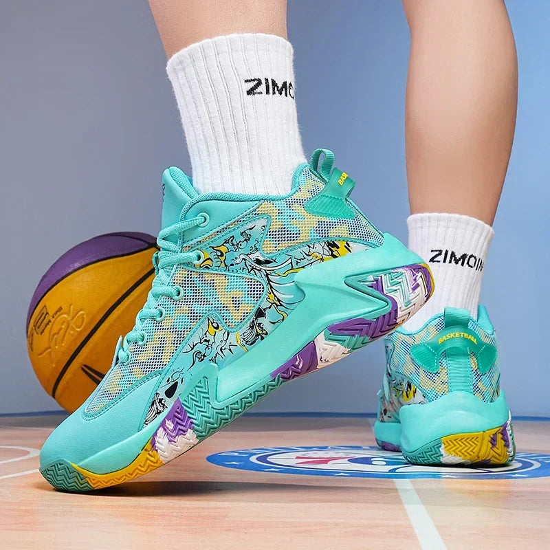 Stylish men's high-top graphic print sneakers, performance-ready for basketball and court sports.