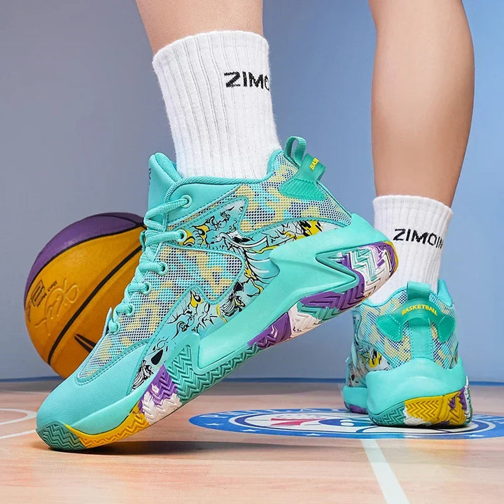 Stylish men's high-top graphic print sneakers, performance-ready for basketball and court sports.