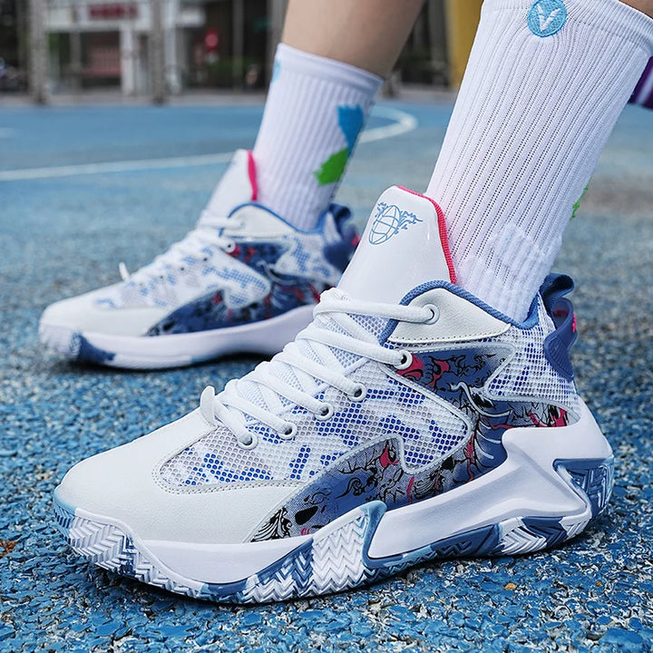 Athletic men's graphic basketball shoes, designed for quick movements, traction, and ankle support.