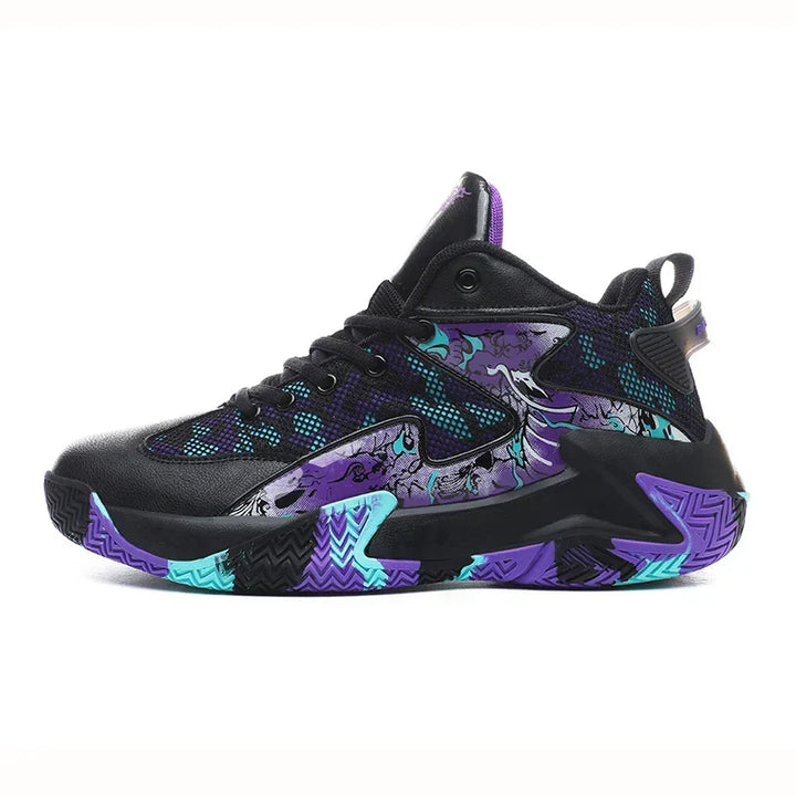 Durable men's court shoes with a striking graphic design, perfect for basketball players seeking traction.