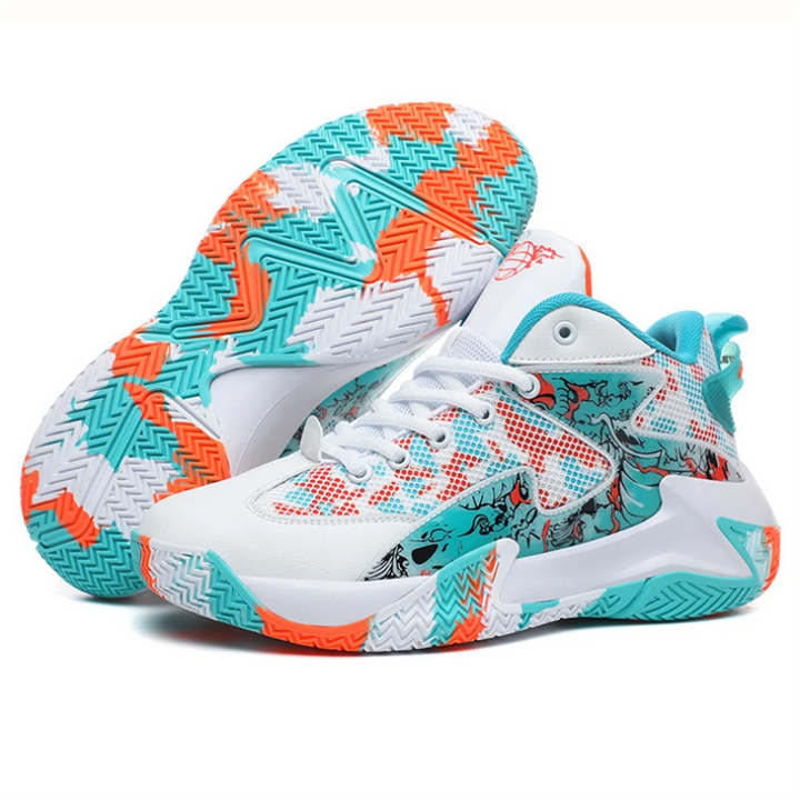Athletic men's court sneakers with a striking graphic design for dynamic play and traction.