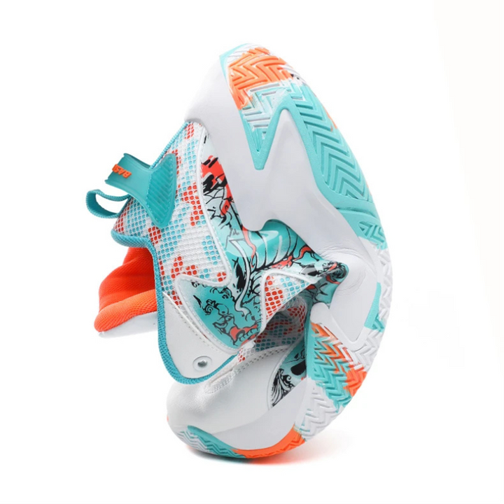 Bold graphic men's basketball shoes, perfect for court sports, providing excellent grip & comfort.