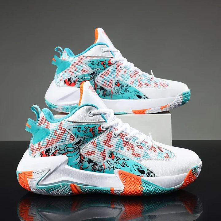 Men's athletic high-top court shoes, featuring a unique graphic print for style & performance.