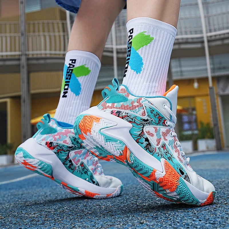 Graphic print men's performance basketball sneakers, built for speed, agility, and impact protection.