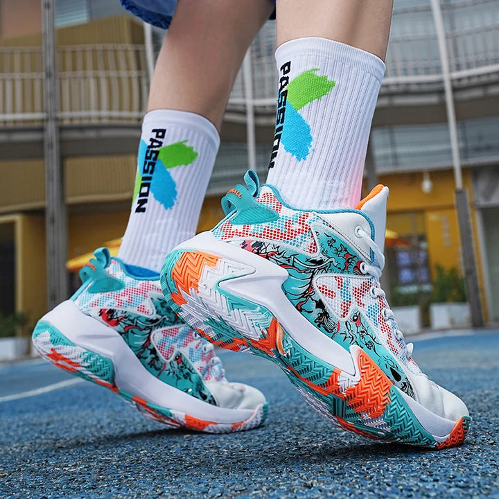 Graphic print men's performance basketball sneakers, built for speed, agility, and impact protection.