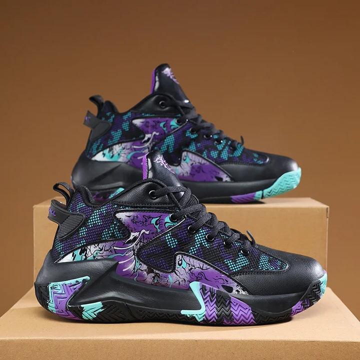 High-top men's basketball trainers, bold graphic print, engineered for court domination & ankle stability.