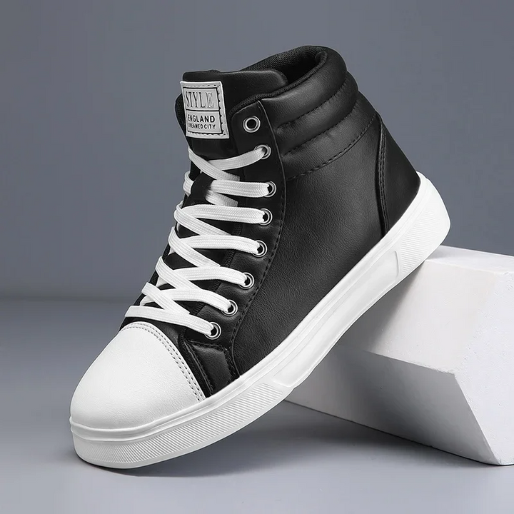 Fashion-forward men's high-top sneakers, embodying dynamic street style and comfort.
