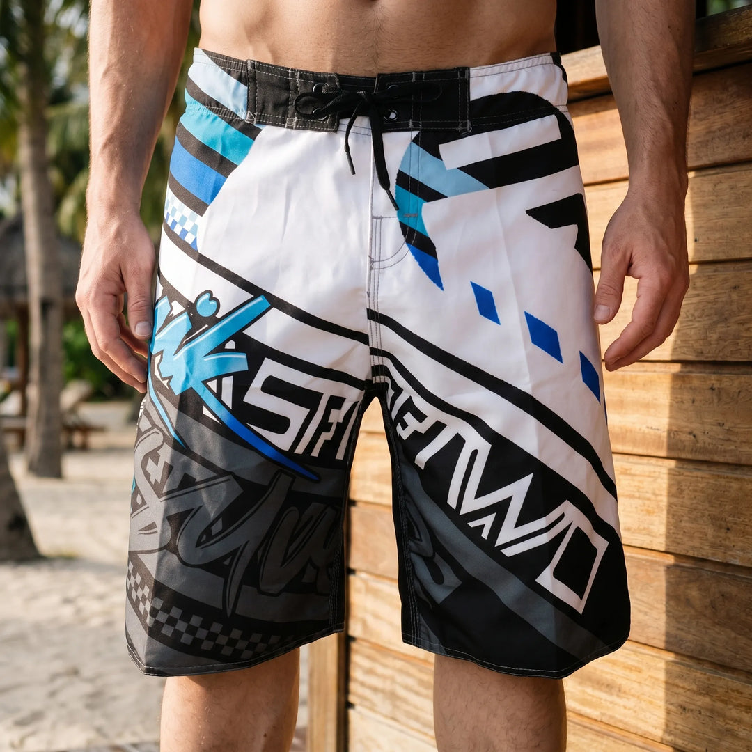 Men's bold printed quick-dry swim trunks for summer beachwear & vacation.