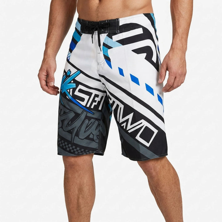 Vibrant tropical print men's quick-dry swim shorts, ideal for beach & pool.