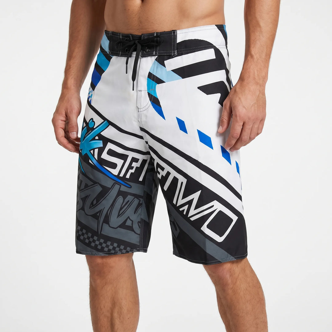 Lace-up men's quick-dry swim trunks, featuring a stylish bold print, great for summer fashion.
