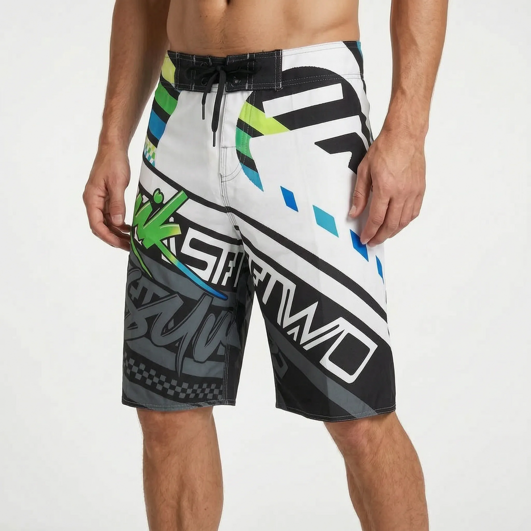 Quick-dry men's swim shorts in bold tropical & geometric patterns, vacation essentials.