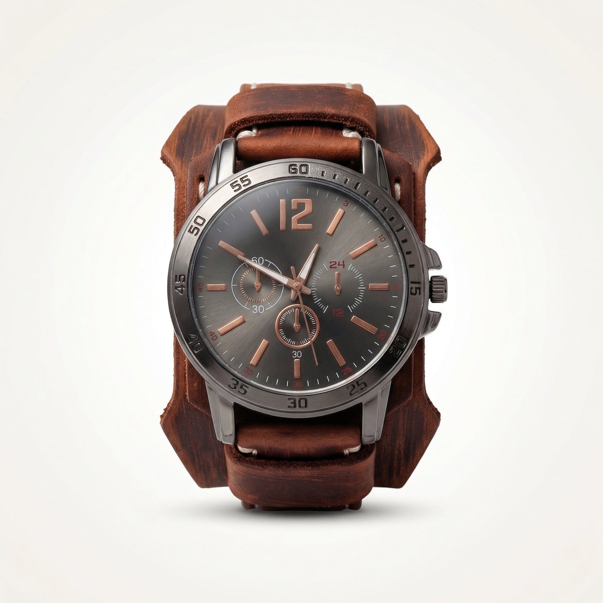 Men's bold vintage quartz watch with a wide brown leather strap. Oversized retro design.