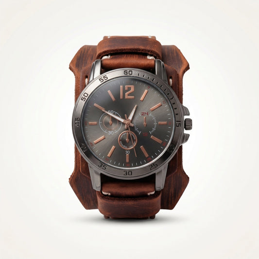 Men's bold vintage quartz watch with a wide brown leather strap. Oversized retro design.
