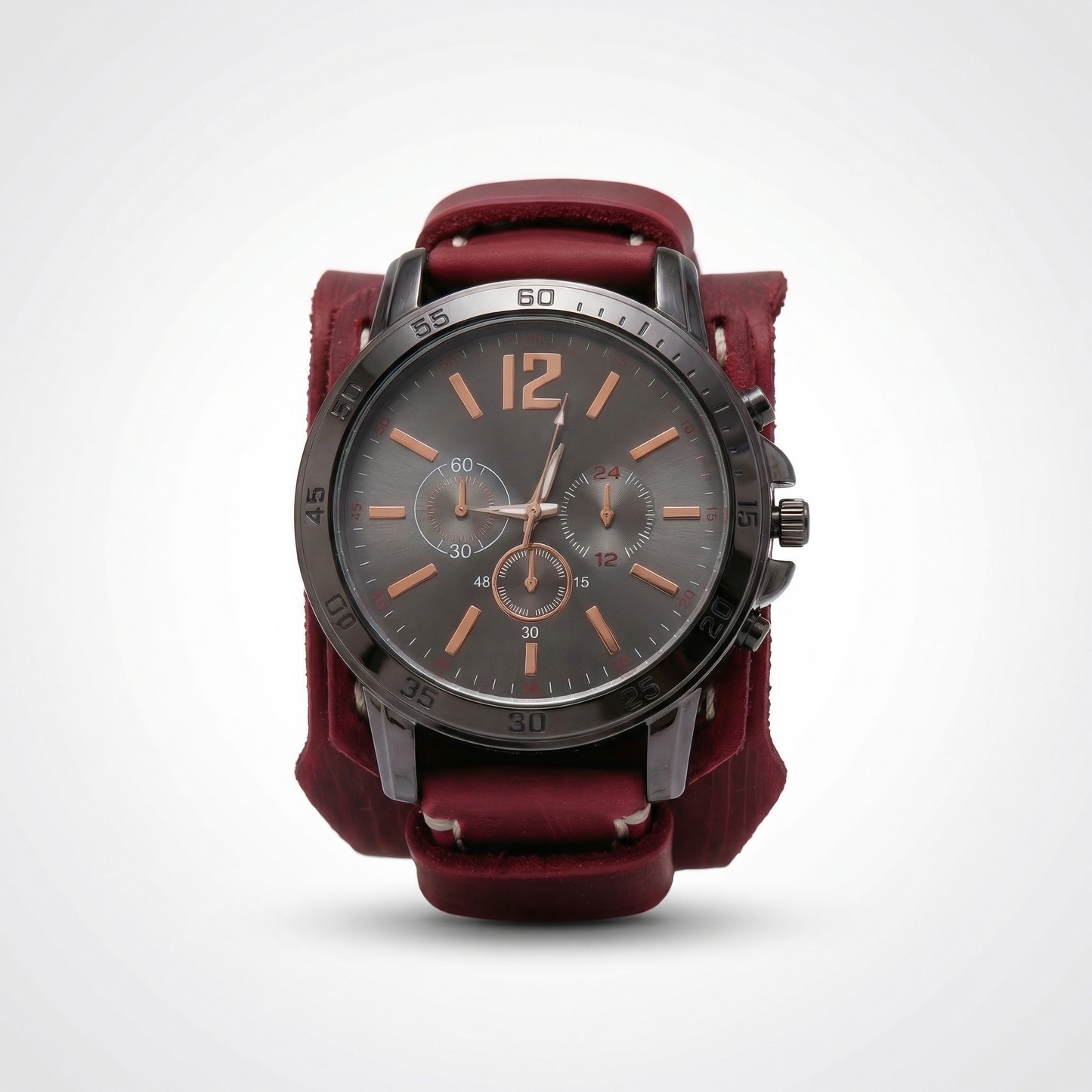 Oversized men's statement watch with a black vintage leather strap. Bold punk & retro style.