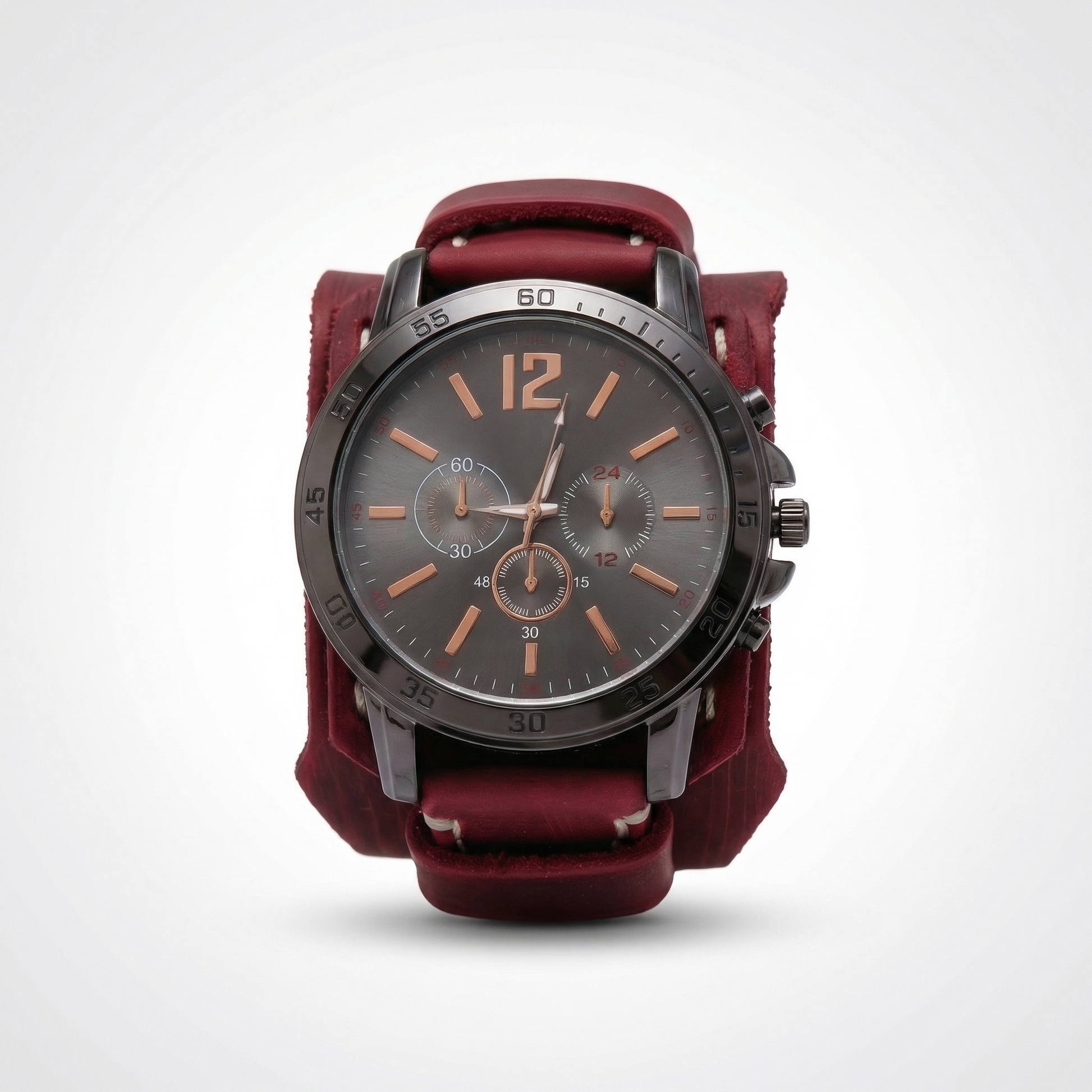 Oversized men's statement watch with a black vintage leather strap. Bold punk & retro style.