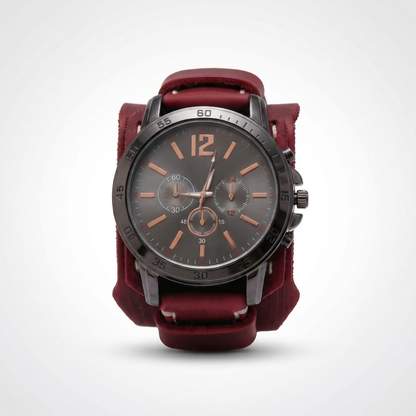 Oversized men's statement watch with a black vintage leather strap. Bold punk & retro style.