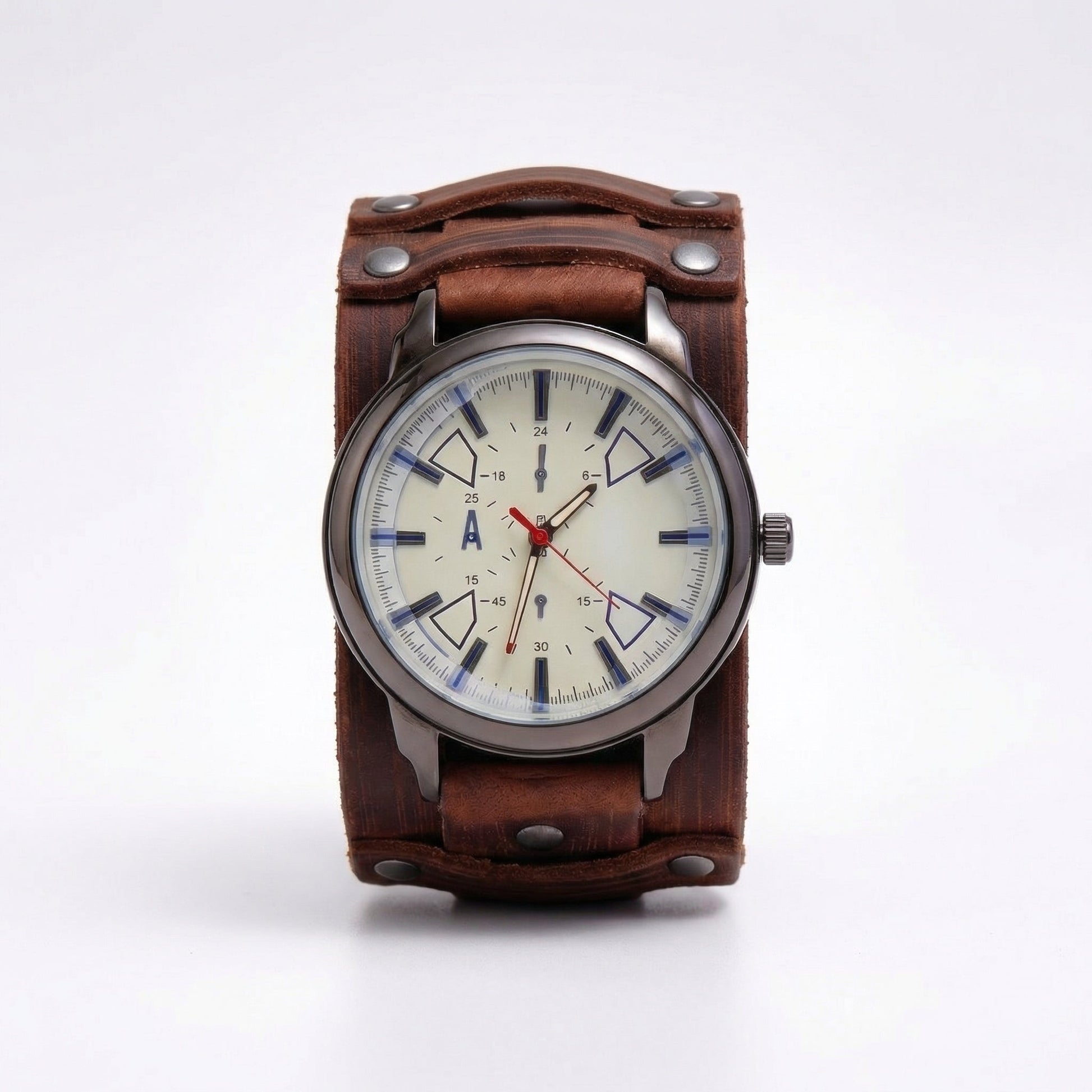 Casual men's vintage leather strap watch. Bold oversized dial, perfect for a retro look.