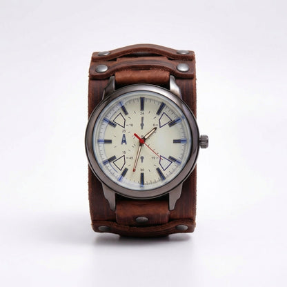 Casual men's vintage leather strap watch. Bold oversized dial, perfect for a retro look.