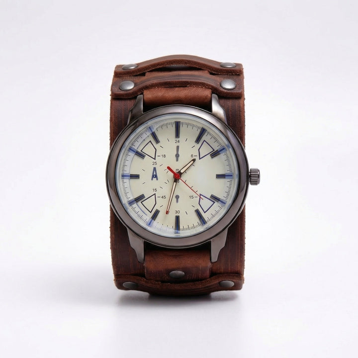 Casual men's vintage leather strap watch. Bold oversized dial, perfect for a retro look.