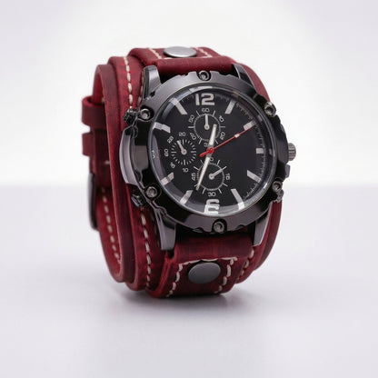 Quartz men's watch, large dial, distressed brown leather strap. A bold, retro casual timepiece.