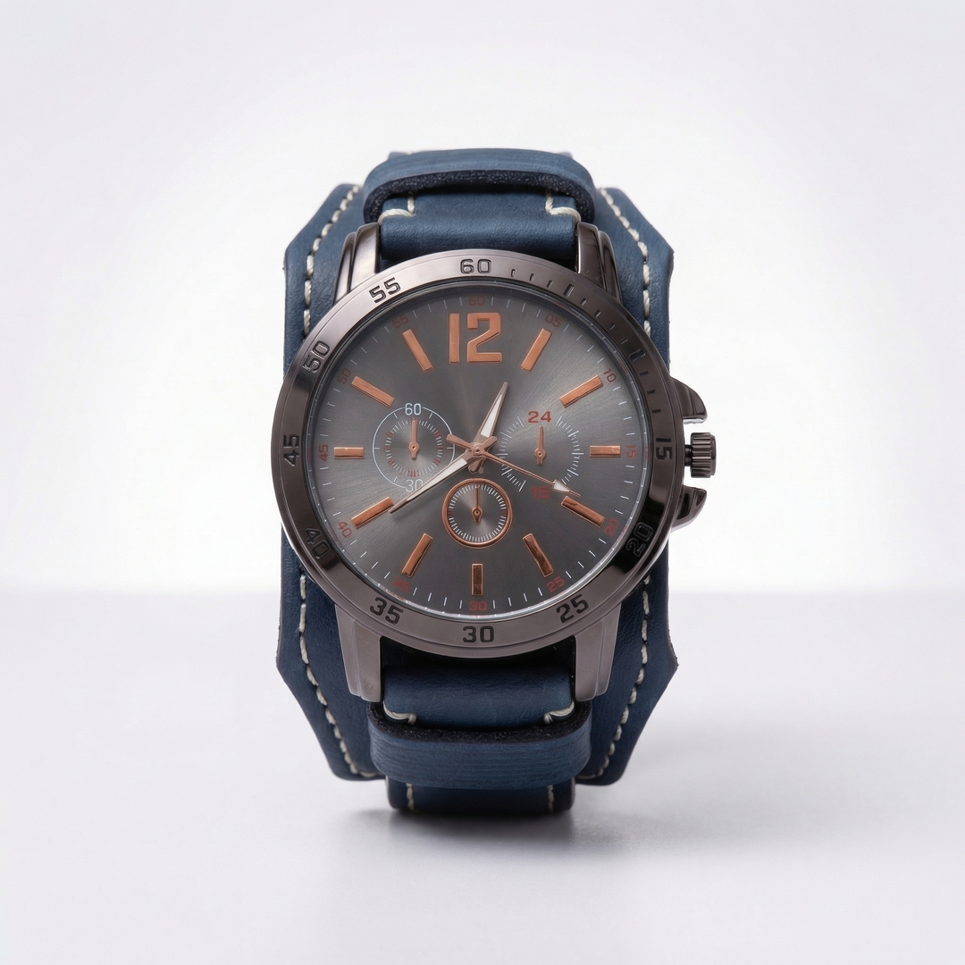 Bold men's retro watch featuring a chunky vintage leather strap and an oversized statement dial.