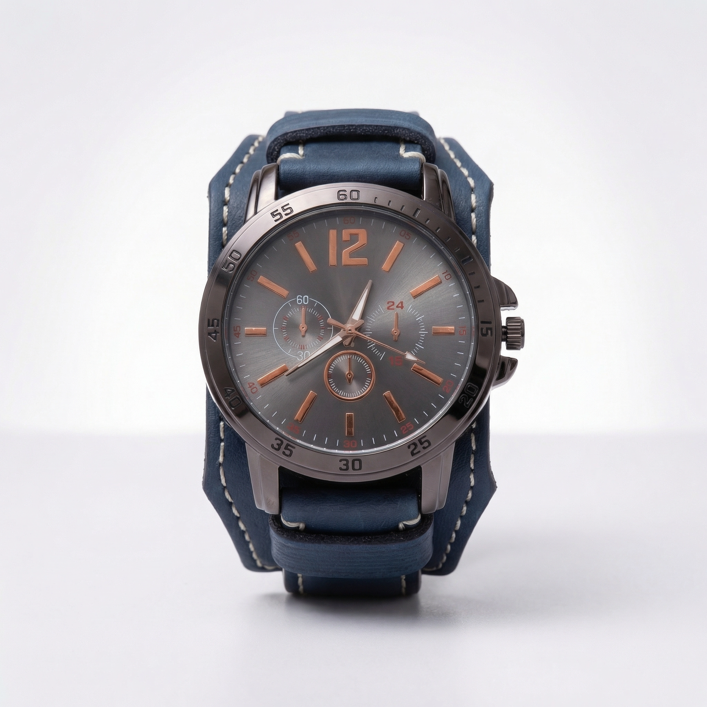 Bold men's retro watch featuring a chunky vintage leather strap and an oversized statement dial.