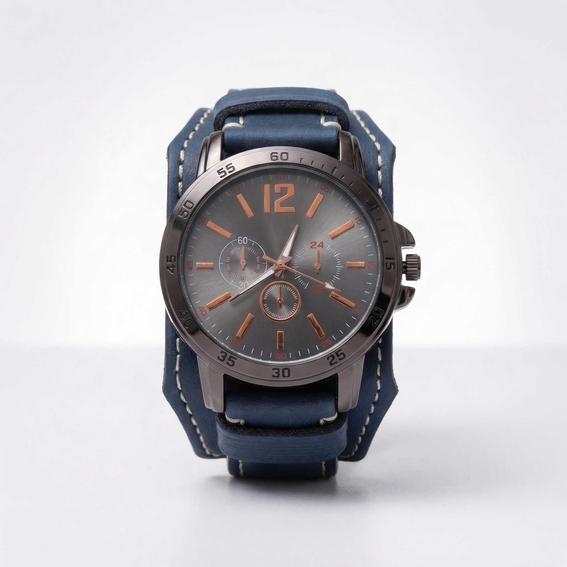 Bold men's retro watch featuring a chunky vintage leather strap and an oversized statement dial.