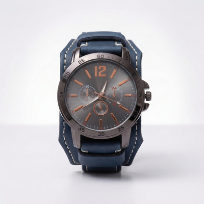 Bold men's retro watch featuring a chunky vintage leather strap and an oversized statement dial.