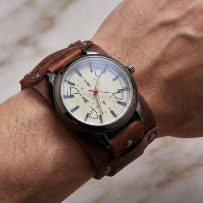 Punk rock vintage men's watch with an oversized dial and rugged leather strap. Bold & unique statement.
