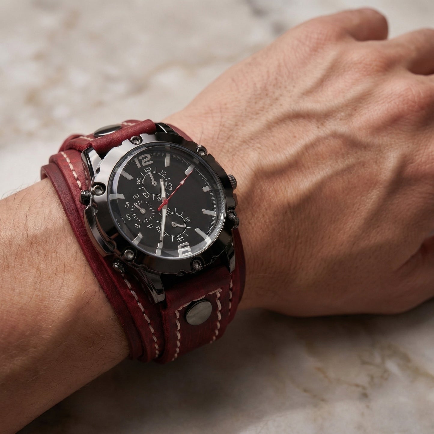 Classic men's oversized watch with a distressed brown vintage leather strap. Bold retro casual statement.