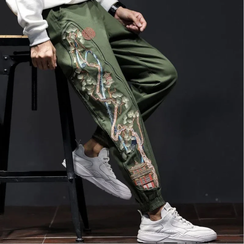 Men's Bonsai Embroidered Joggers in obsidian. Urban streetwear style, unique Eastern-inspired design for comfort.