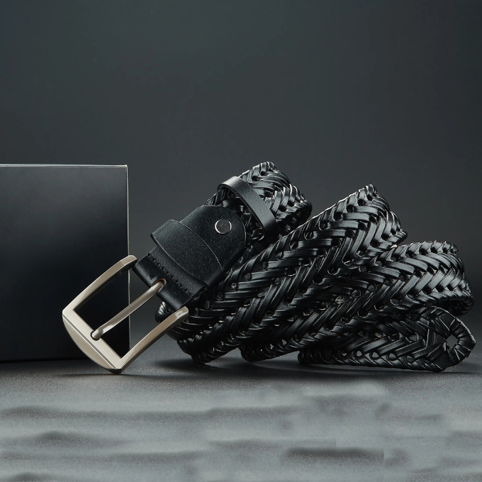 Premium men's braided leather belt, made from durable cowhide, a stylish and essential waist fashion accessory.