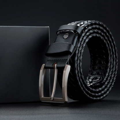 Versatile men's braided cowhide leather belt, ideal for complementing casual outfits or smart dress styles.