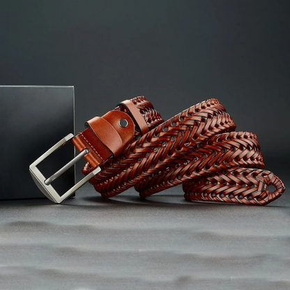 Authentic men's cowhide leather braided belt, a durable fashion accessory for sophisticated and casual men's wear.
