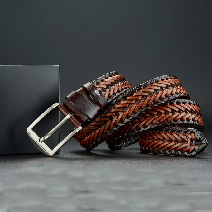 Full view of a men's braided cowhide leather belt, a durable and stylish waist belt for everyday men's fashion.