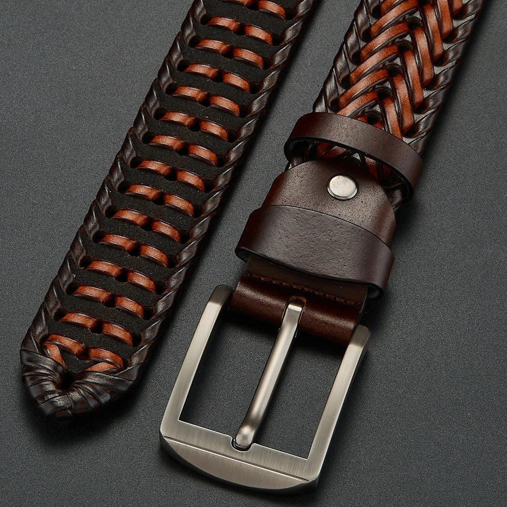 High-quality men's braided cowhide leather belt, showcasing genuine durable material and a timeless design.