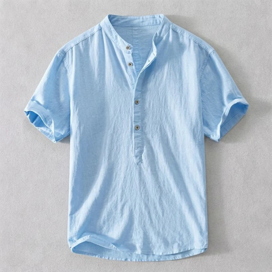 Men's breathable blue button-up shirt, tailored fit for comfortable everyday casual wear & summer fashion.