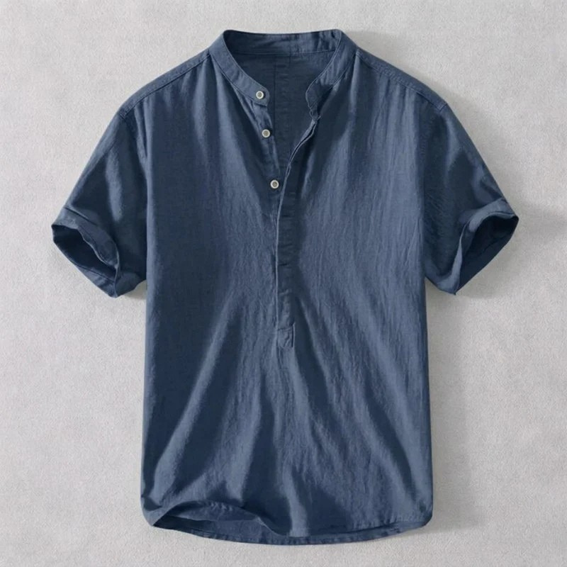 Lightweight navy men's button-up shirt with relaxed hem, breathable and comfortable for daily summer wear.